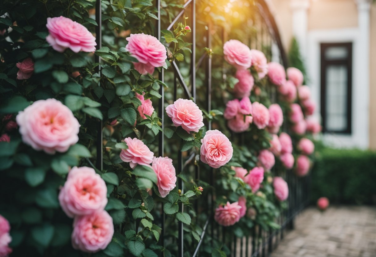 A quaint trellis adorned with vibrant climbing roses in a small garden