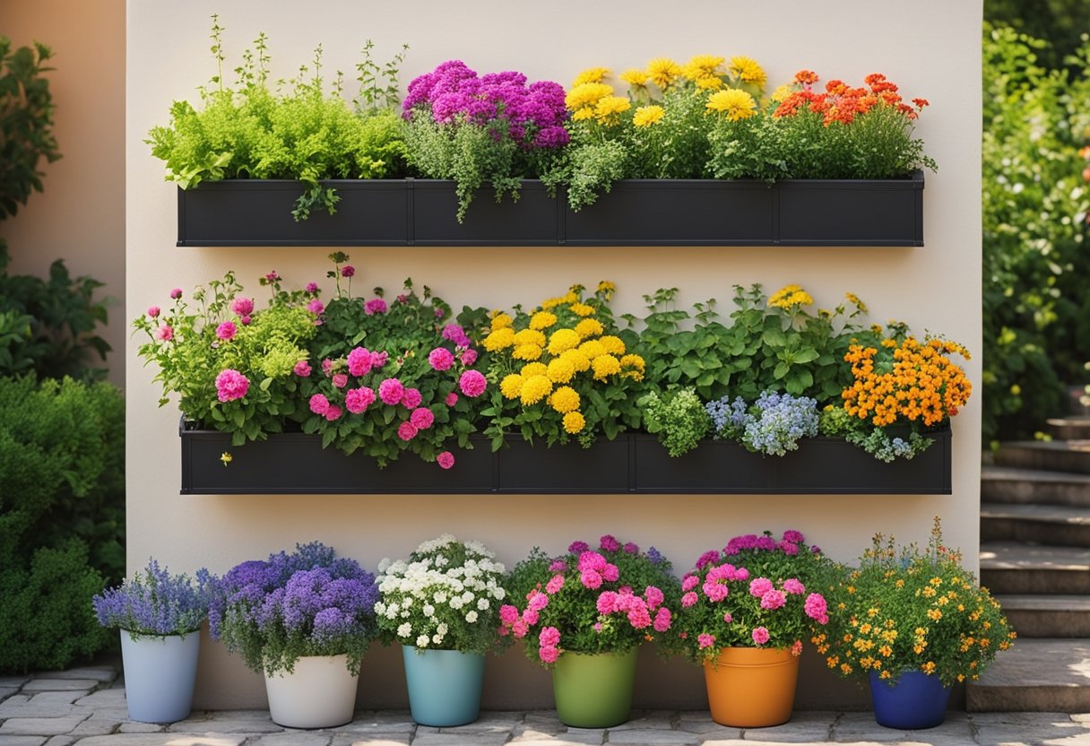 A sunny patio with a row of wall-mounted planter boxes filled with vibrant flowers and herbs, creating a colorful and fragrant small garden