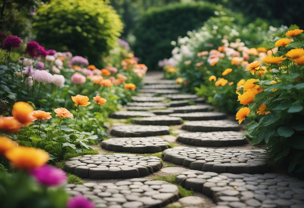 A winding path of colorful stepping stones leading through a lush garden, surrounded by vibrant flowers and foliage