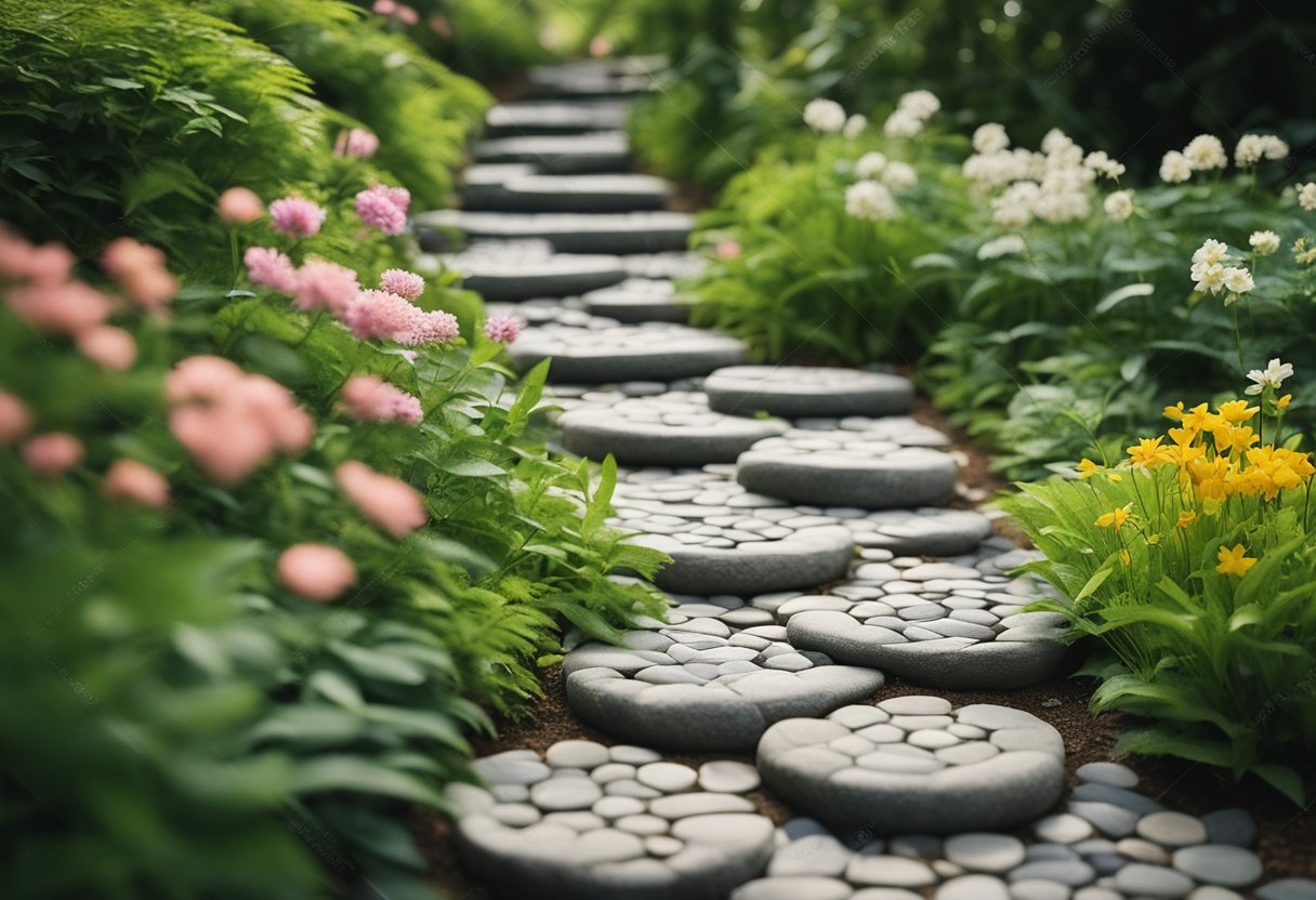 A winding riverstone pathway with 16 unique stepping stone designs, surrounded by lush greenery and blooming flowers