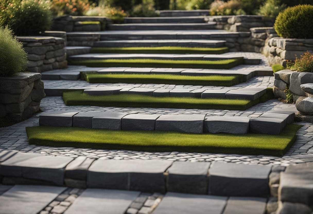 A geometric arrangement of slate steps leading to a garden, with 16 unique stepping stone ideas embedded in the ground