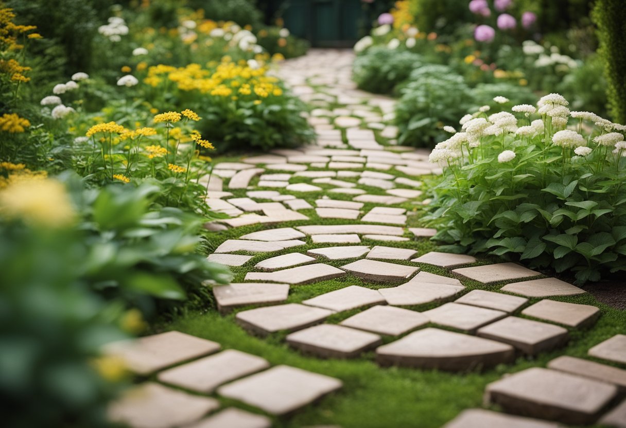 A garden path made of reclaimed brick pavers winding through lush greenery and flowers, with 16 unique stepping stone designs