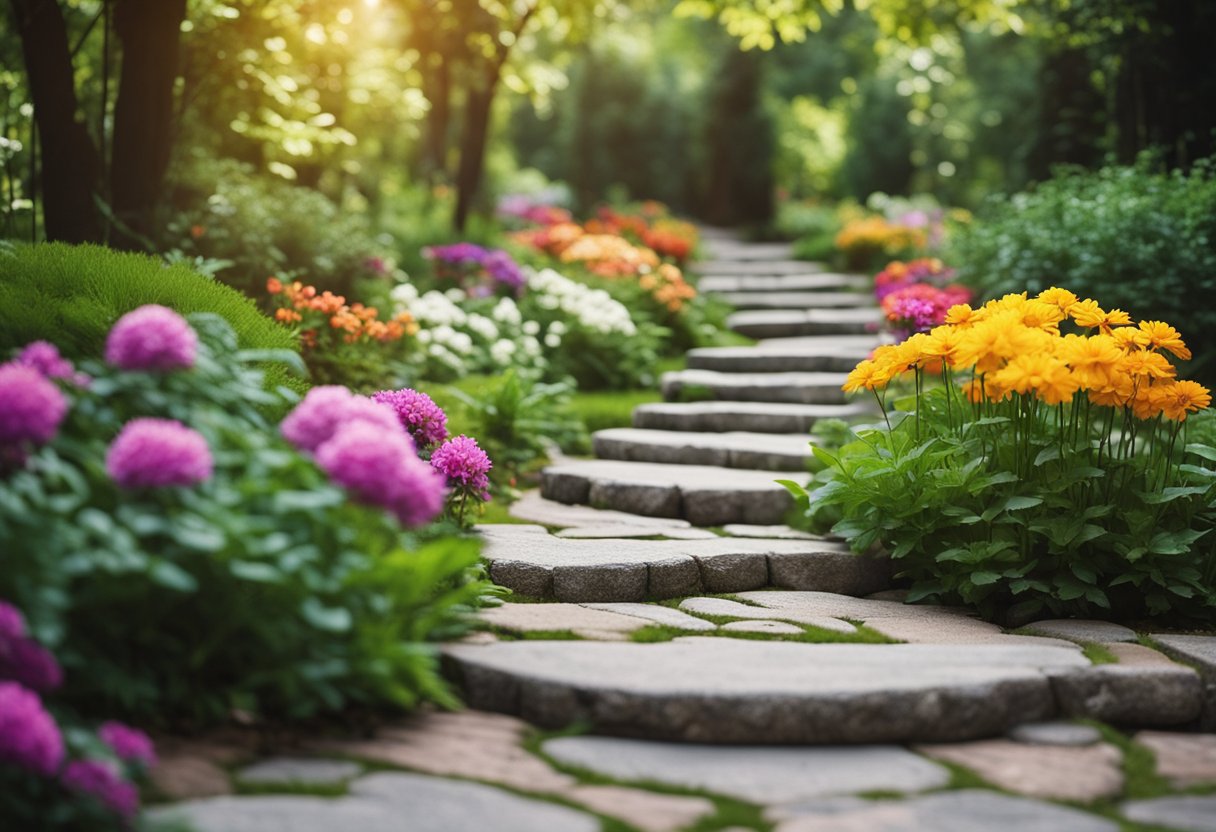 A garden path of granite stepping stones winding through lush greenery and colorful flowers