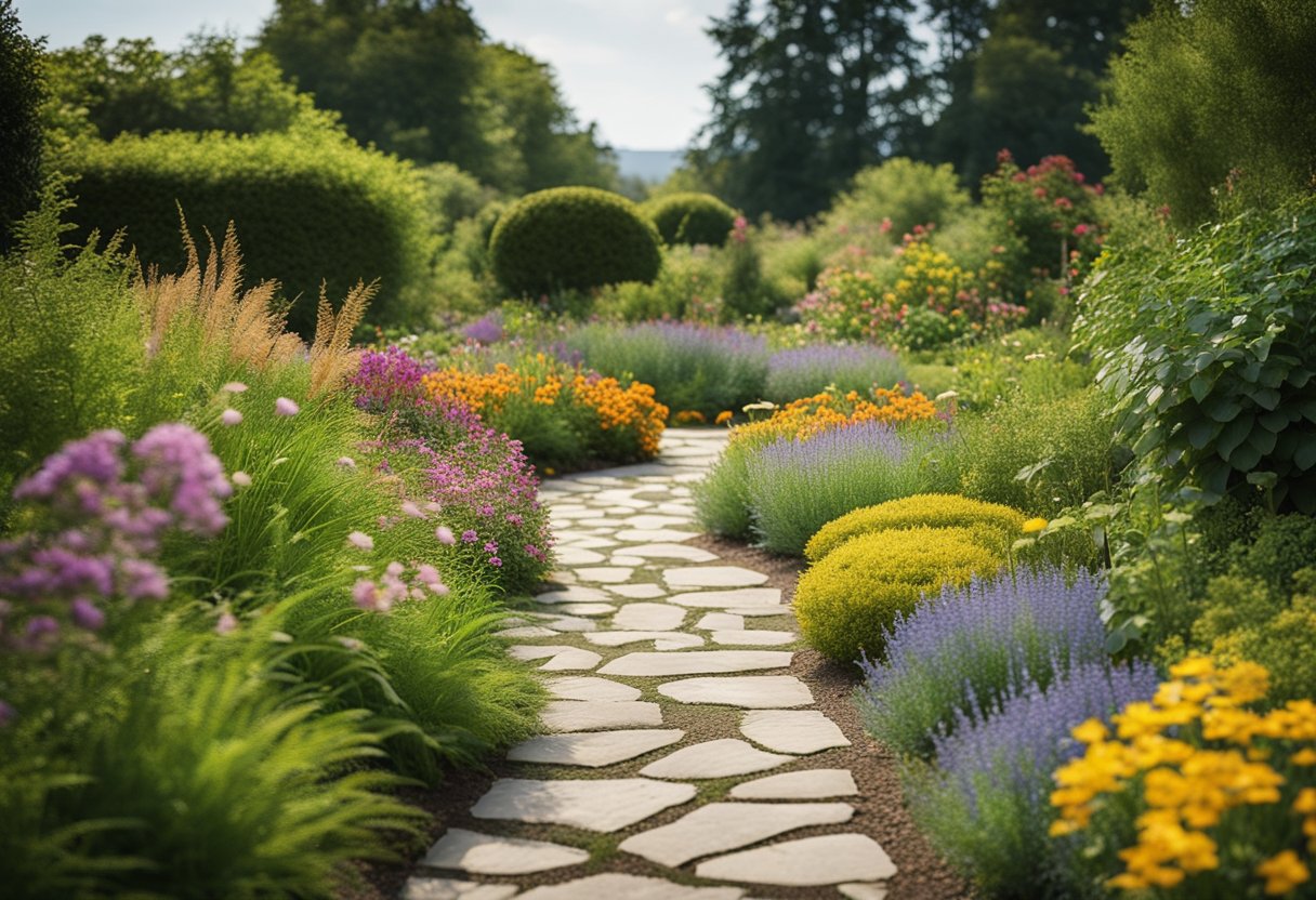 A winding flagstone path through a lush garden, bordered by vibrant flowers and tall grasses