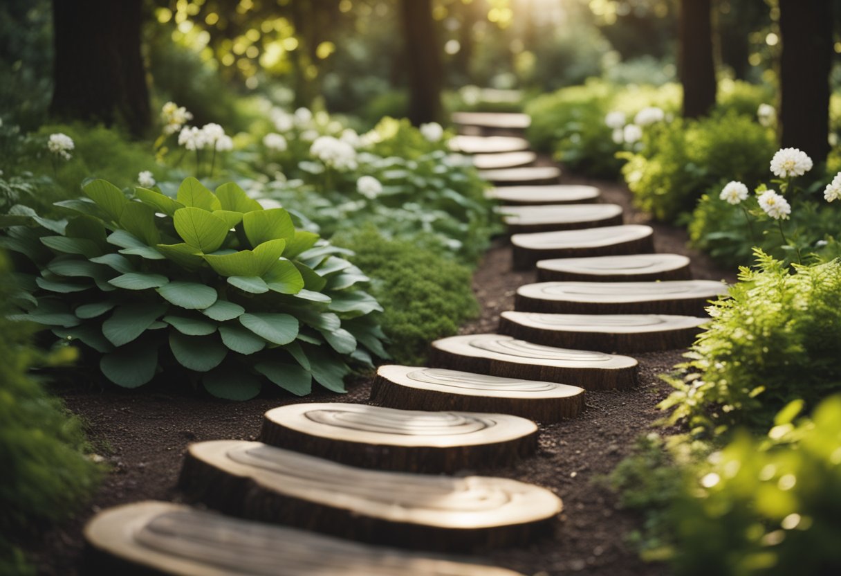 A winding path of log slice stepping stones through a lush garden