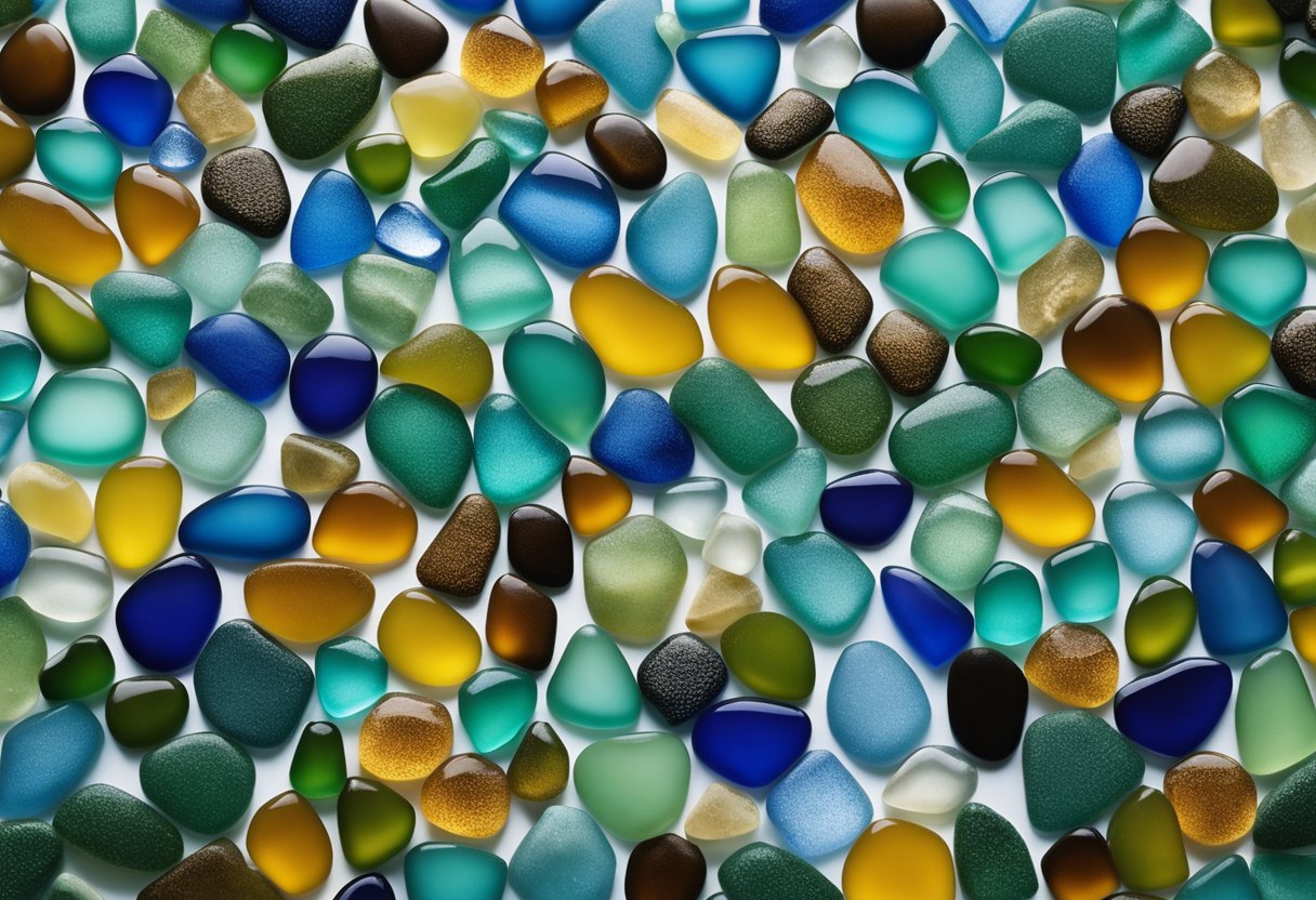 A collection of colorful beach glass mosaics arranged in various patterns on 16 stepping stones along the shoreline