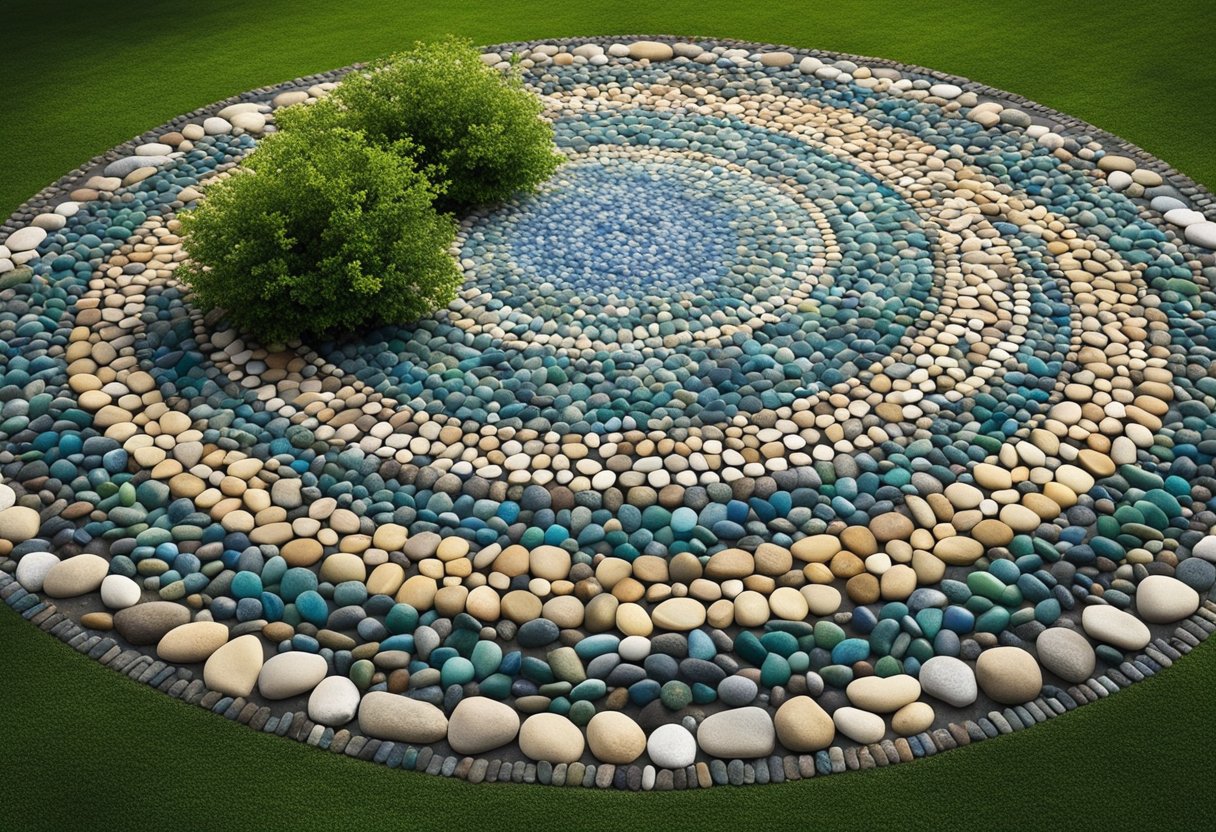 A circular pebble mosaic with 16 stepping stones, each featuring unique designs and patterns, set within a serene garden landscape