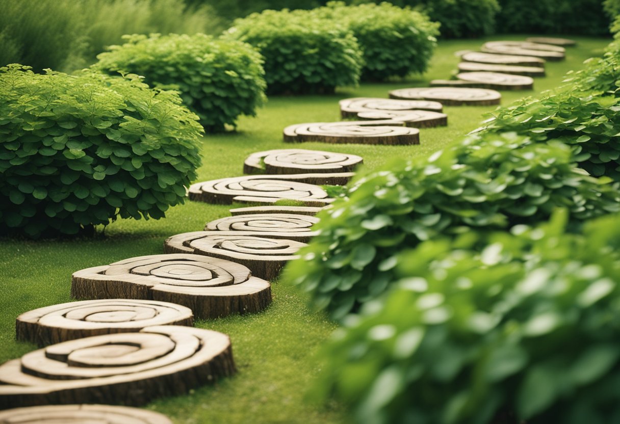 A garden path made of rustic wood rounds, arranged in a winding pattern through a lush green meadow