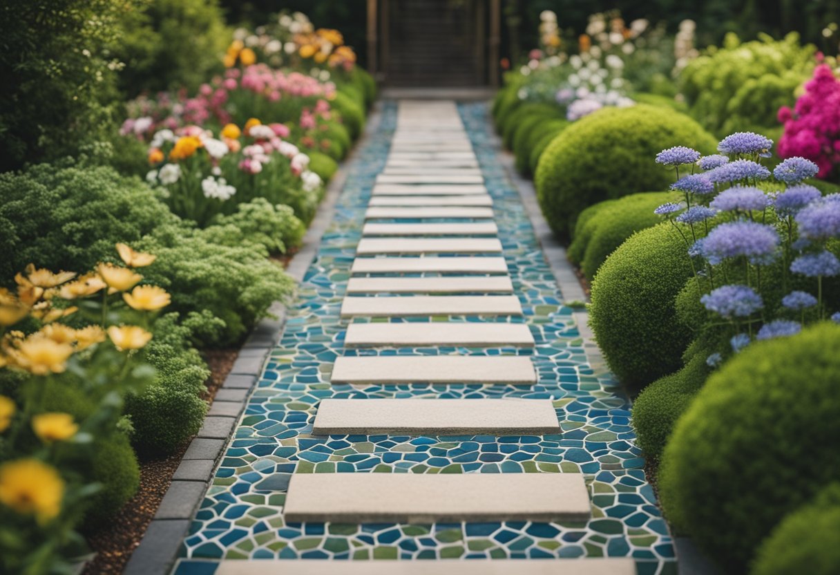 A garden path with 16 unique stepping stones featuring intricate tile inlays of various patterns and colors, surrounded by lush greenery and blooming flowers