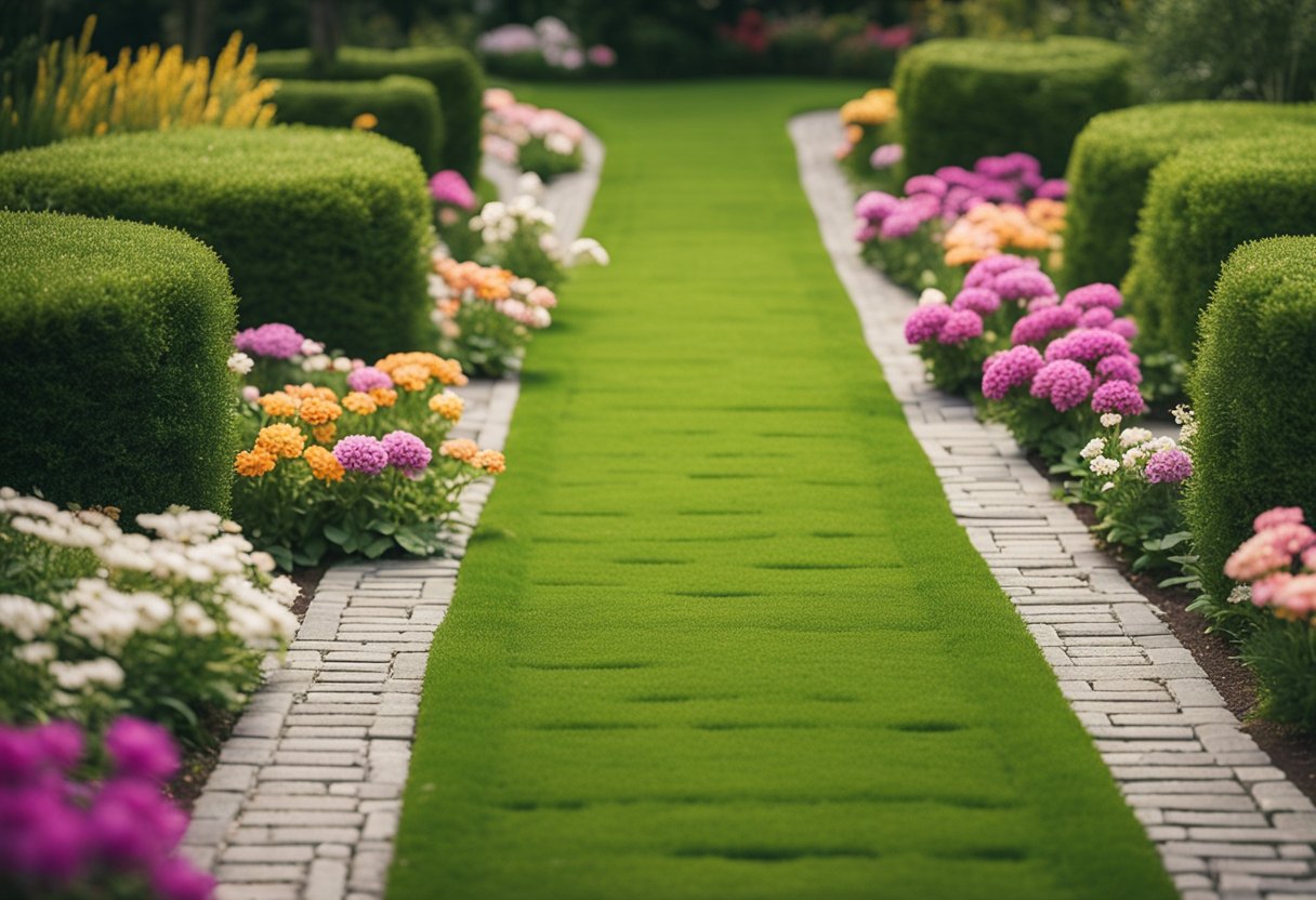 A garden path with 16 herringbone brick pattern stepping stones bordered by lush green grass and colorful flowers