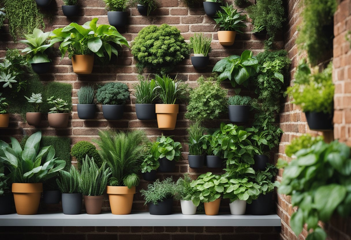 A variety of vertical gardens, featuring different plants and designs, hang on a brick wall against a backdrop of greenery