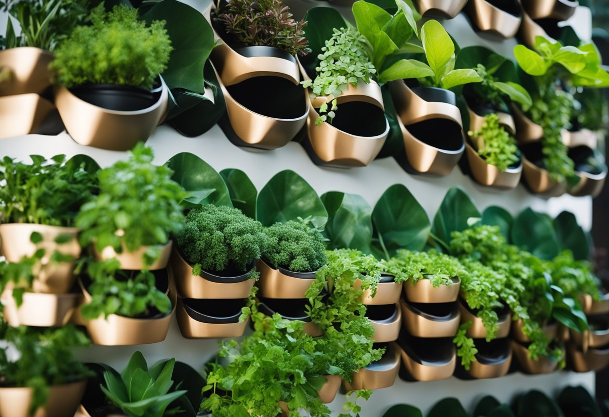 A stackable vertical garden with 16 tiers of planters, filled with a variety of lush green plants, cascading down in a space-saving and visually appealing arrangement