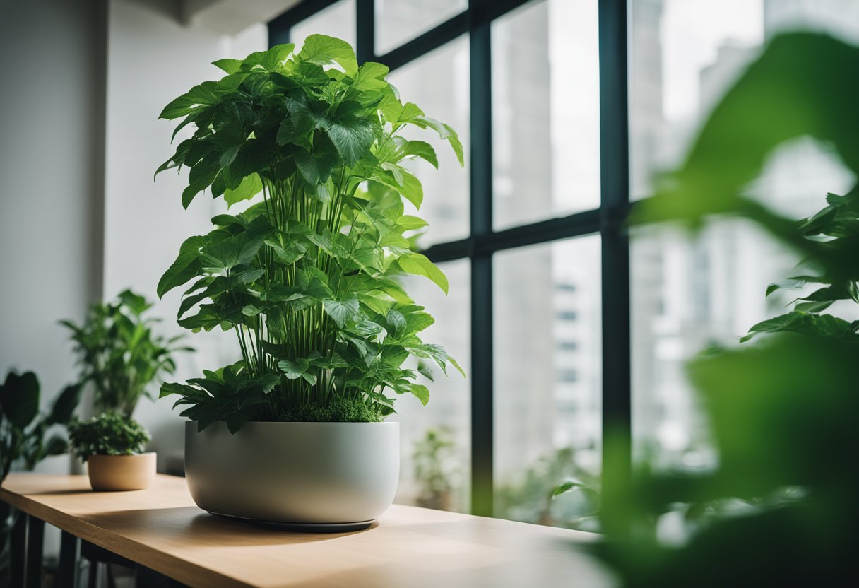 A tall, slim pot with multiple tiers filled with lush green plants, set against a clean, modern backdrop