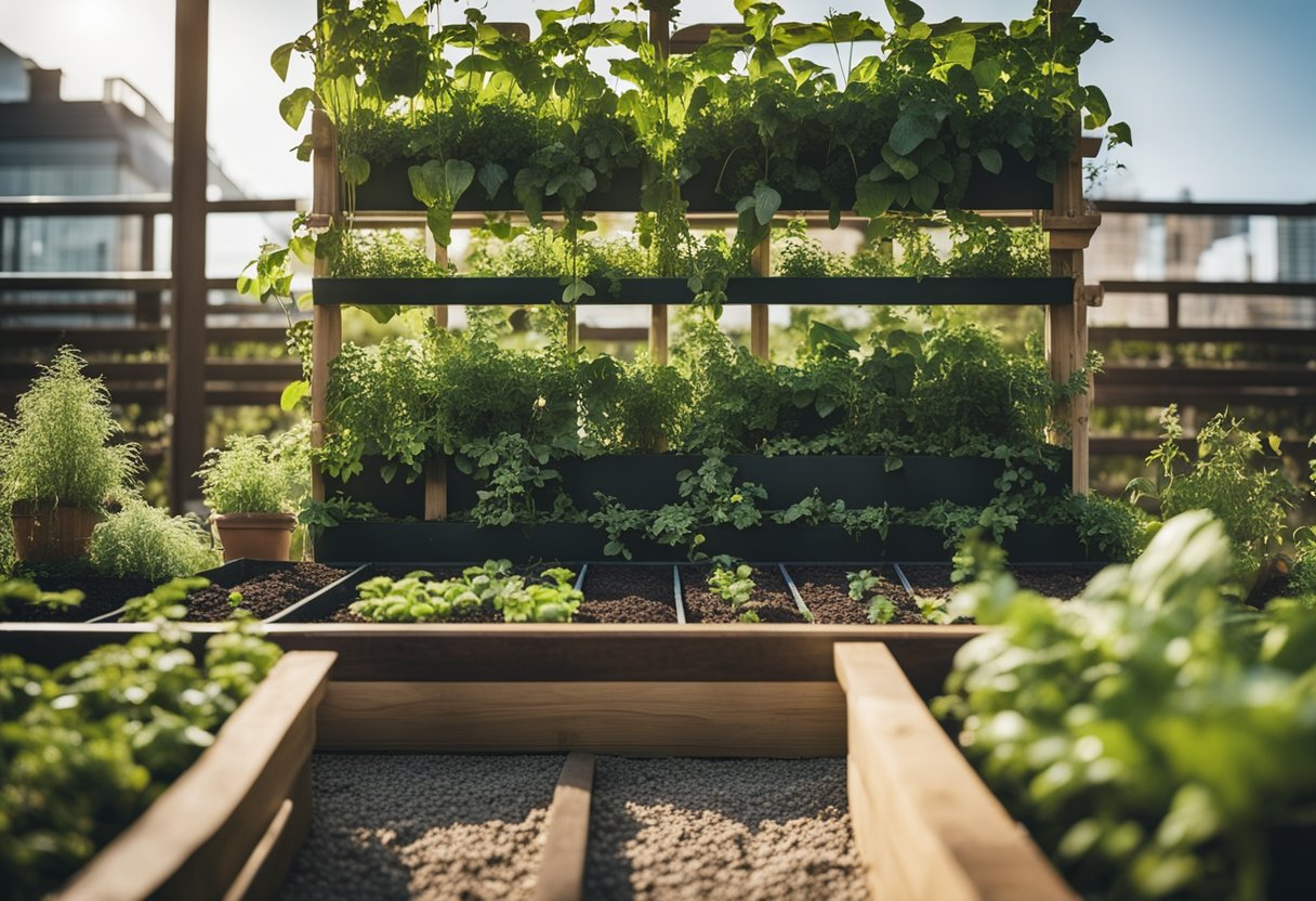 A raised garden bed with various plants growing vertically, surrounded by a peaceful garden setting