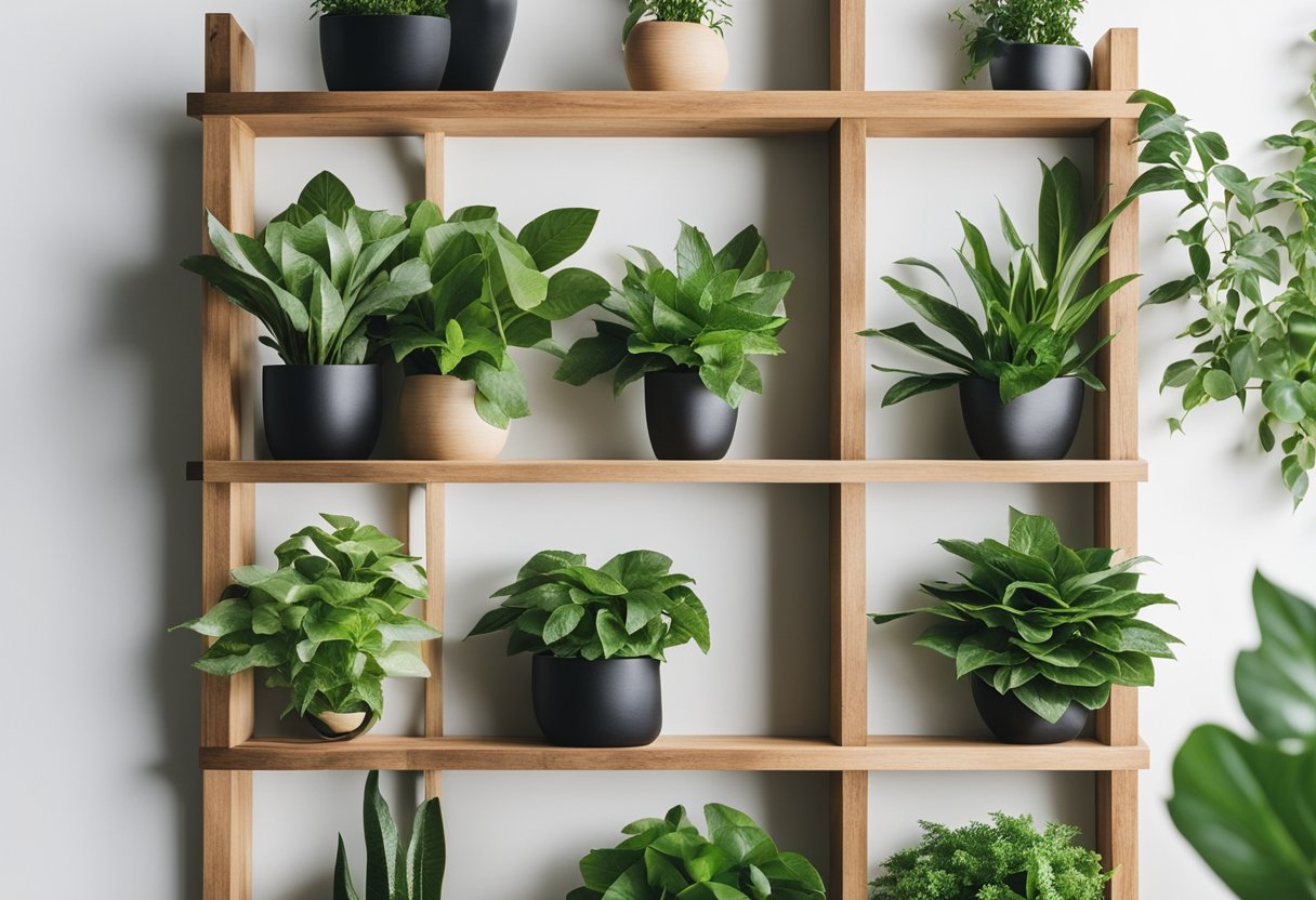 A wooden frame with 16 pockets, each holding a variety of lush green plants, hanging vertically on a white wall