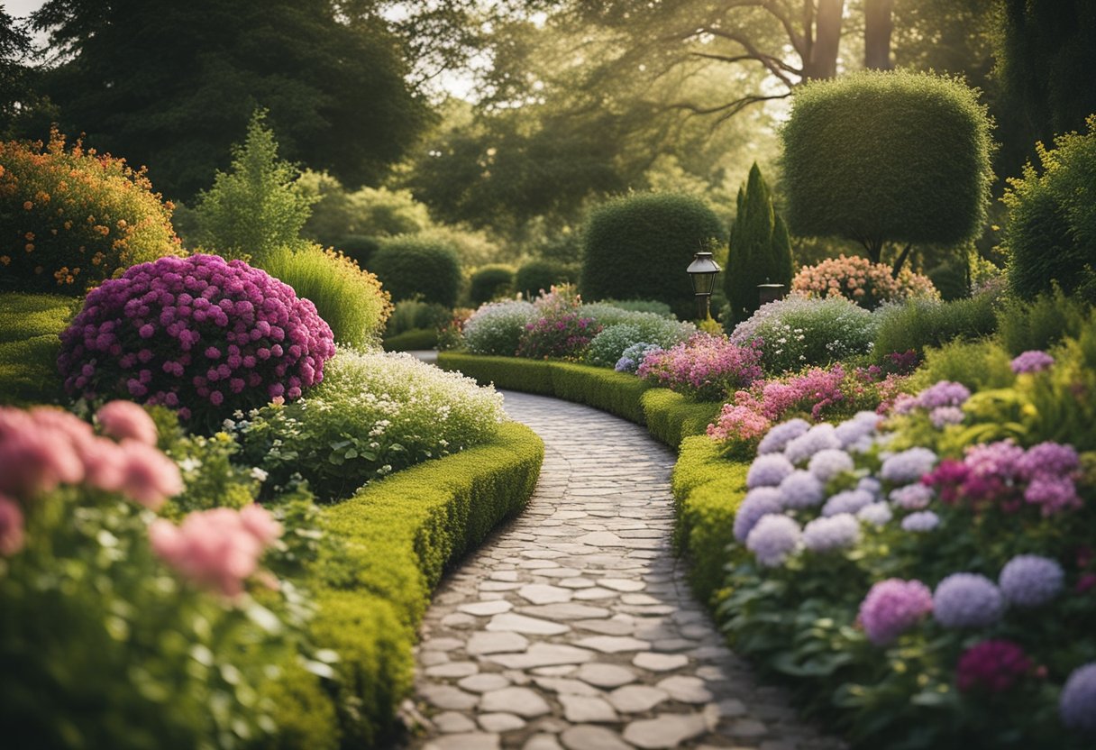 A winding garden path lined with colorful flowers and lush greenery, leading to a tranquil seating area or a charming focal point