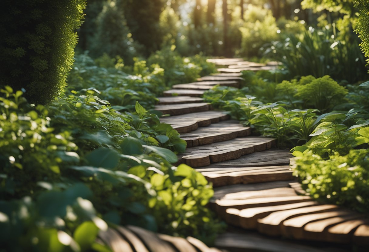 A winding path of rustic wood slices meanders through a lush garden, creating a charming and natural walkway