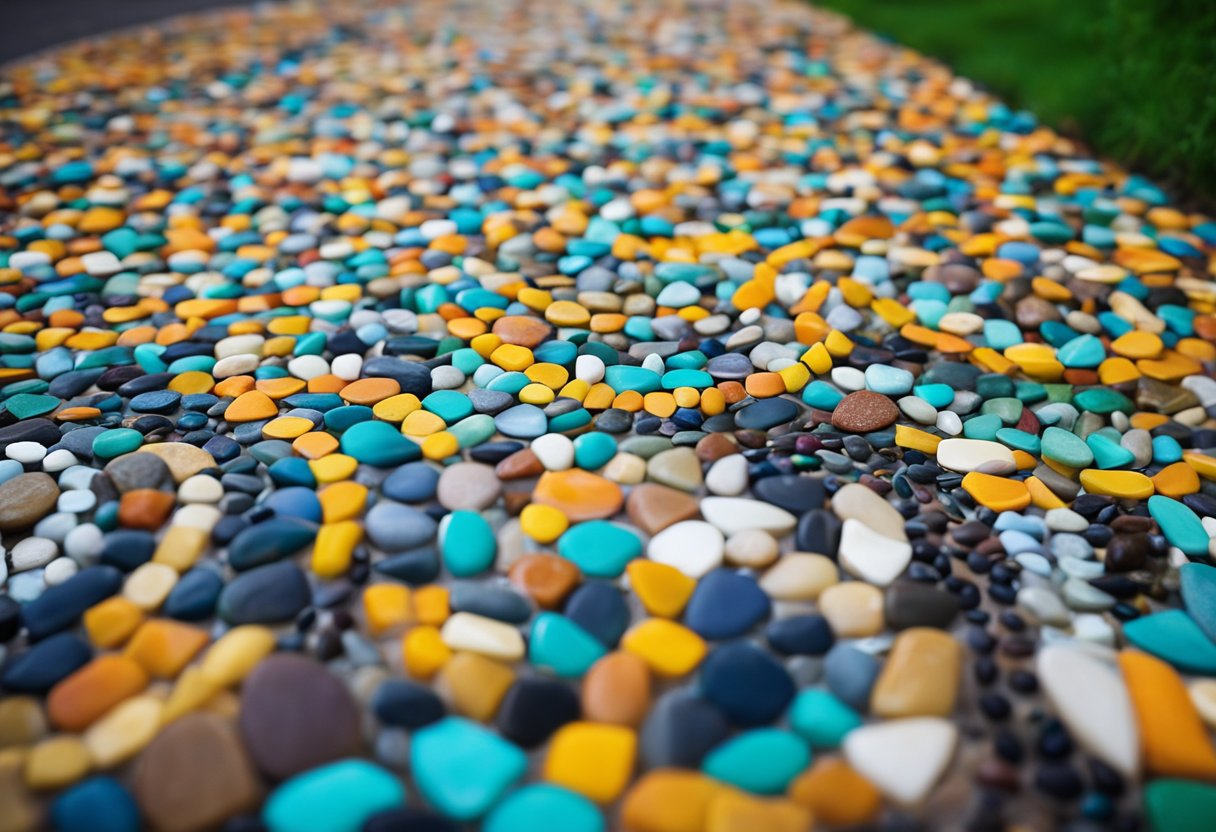 A winding garden path lined with vibrant pebble mosaics in various colors and patterns, creating a visually striking and whimsical walkway