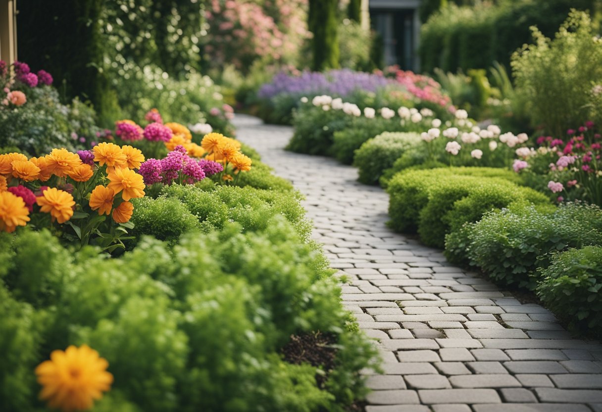 A garden walkway lined with various styles of concrete pavers, surrounded by lush greenery and colorful flowers