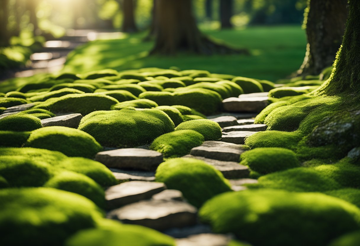 A winding flagstone path overgrown with vibrant green moss. Sunlight filters through the surrounding foliage, casting dappled shadows on the ancient stones