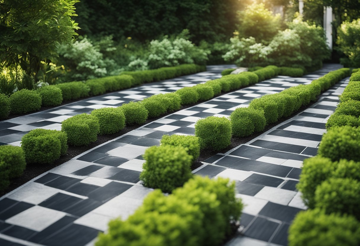 A garden walkway made of checkerboard concrete slabs leads through a lush, well-tended garden, creating a striking contrast with the vibrant greenery