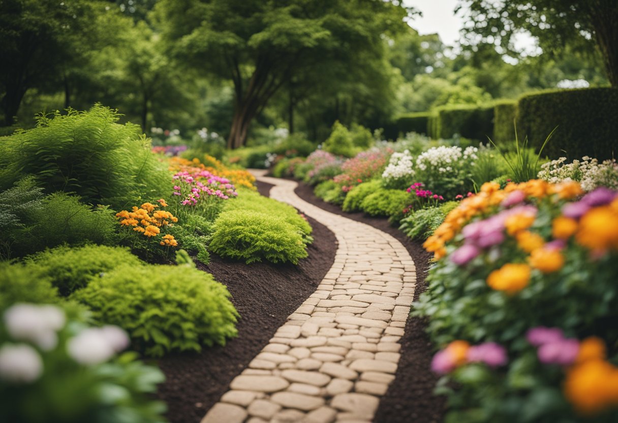 A winding garden trail lined with mulch, surrounded by lush greenery and colorful flowers, leading to a peaceful and serene destination