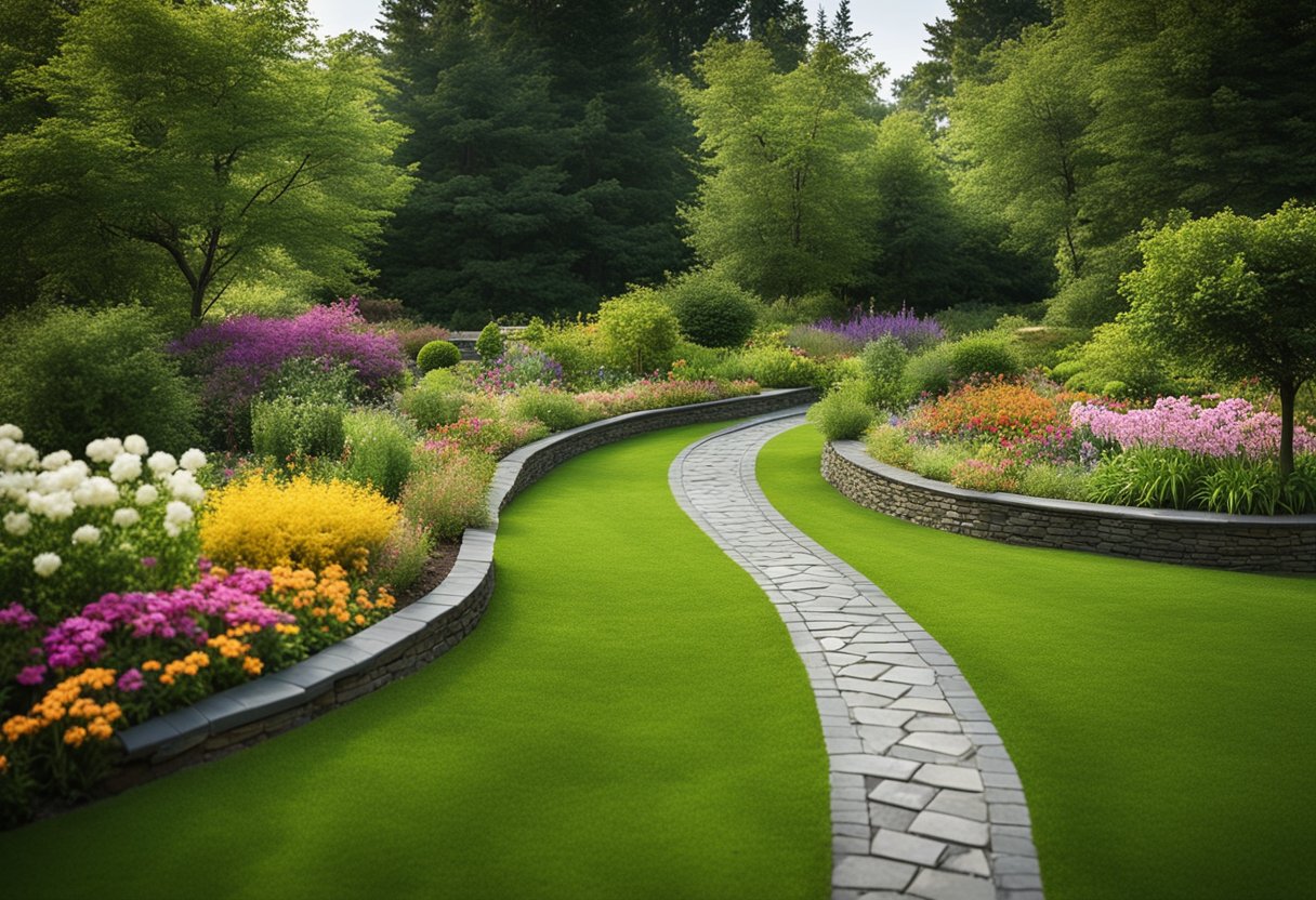 A winding garden walkway made of natural slate, bordered by lush greenery and colorful flowers