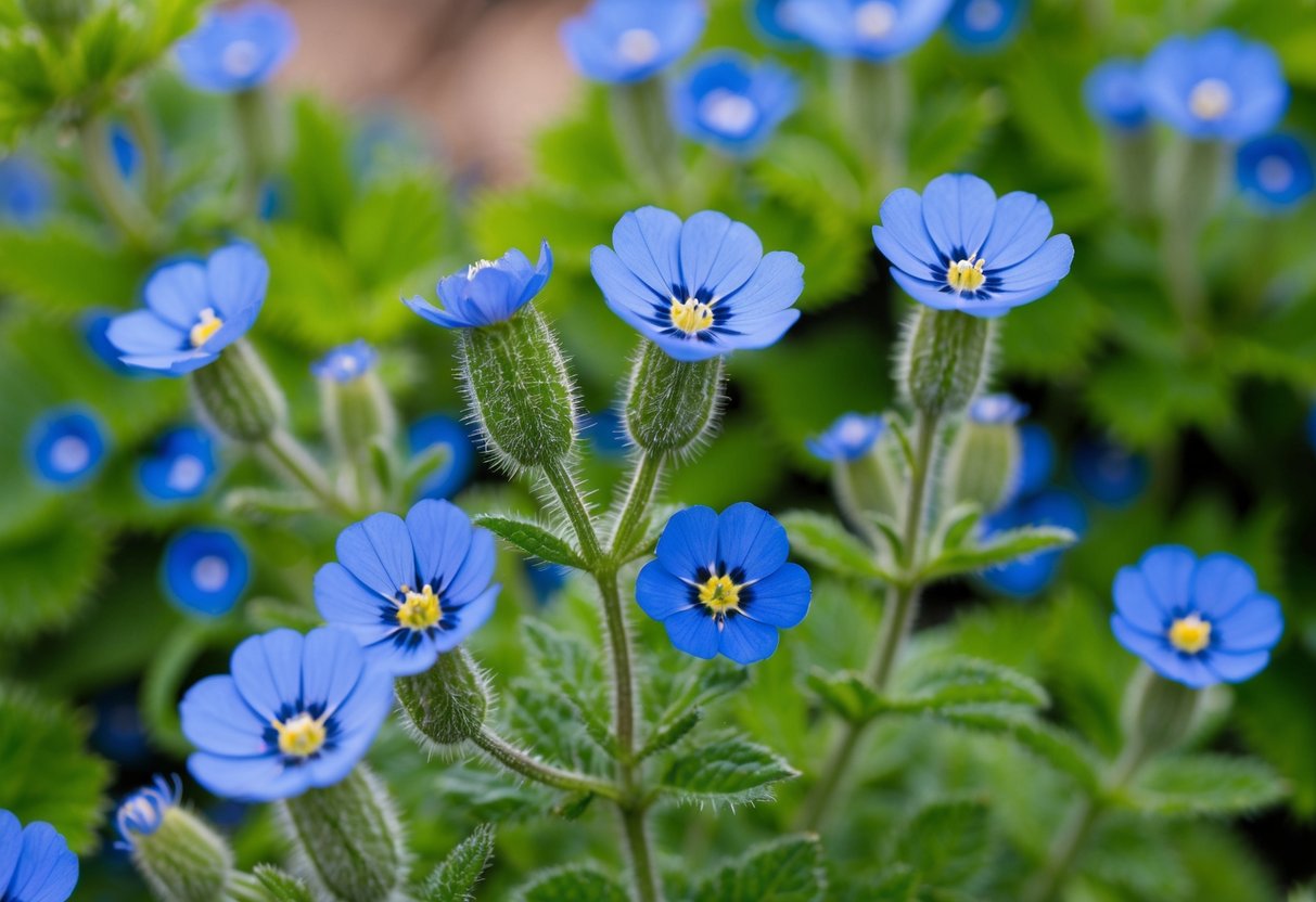 A lush garden with borage plants in full bloom, their vibrant blue flowers and fuzzy green leaves creating a beautiful and vibrant display