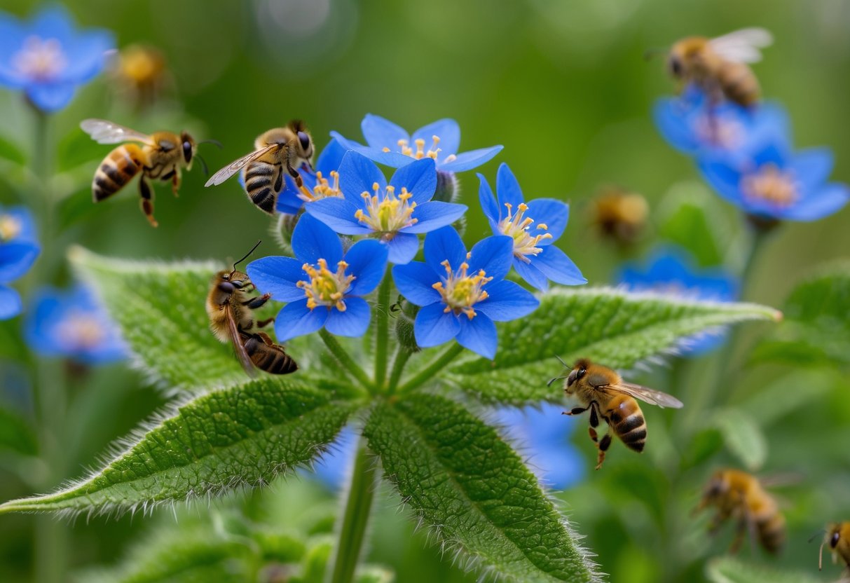 A vibrant borage plant with bright blue star-shaped flowers and fuzzy green leaves, surrounded by buzzing bees