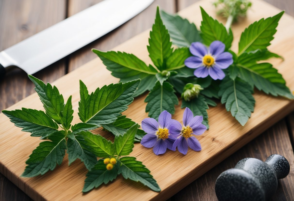 Borage leaves and flowers arranged on a wooden cutting board, with a chef's knife and mortar and pestle nearby