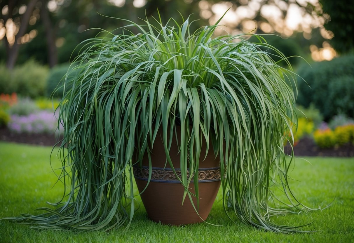 A lush, tangled mass of long, flowing foliage spills over a decorative pot, creating a wild and untamed appearance