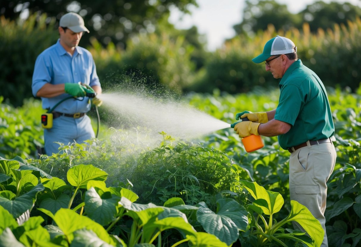 A gardener sprays pesticide on a tangled mass of Cousin It plants, while another examines leaves for signs of disease