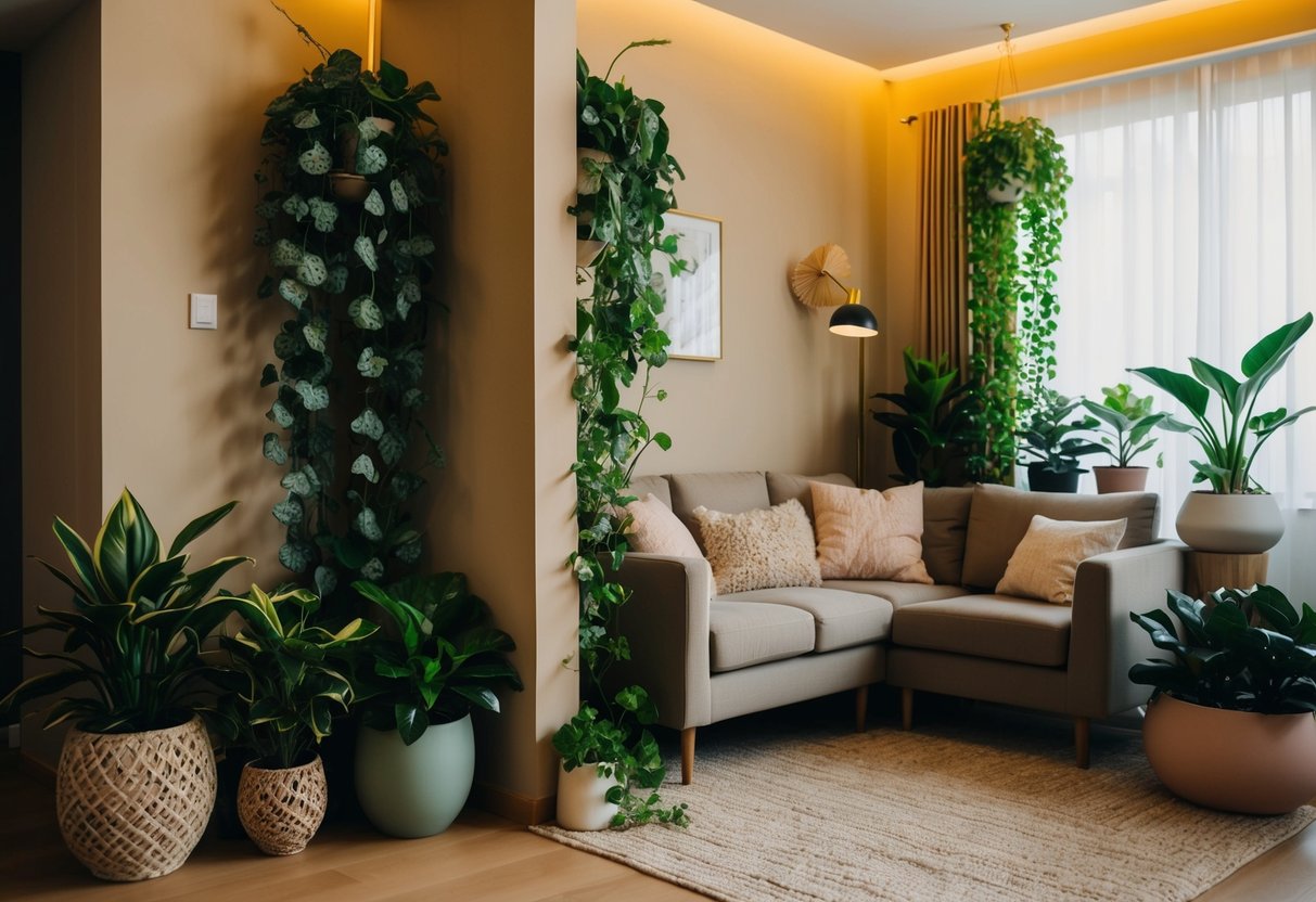 A cozy living room with warm lighting and a corner filled with lush, cascading Cousin It plants in decorative pots