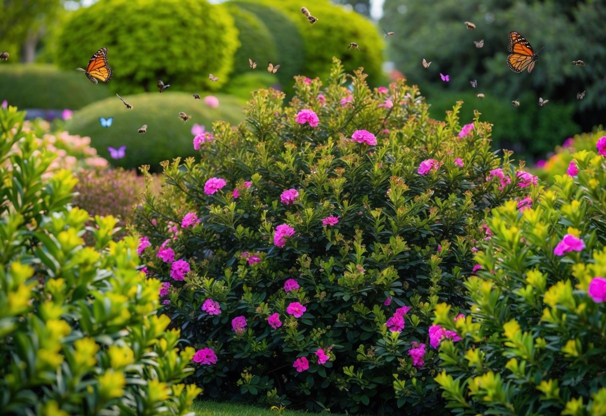 A lush garden with murraya paniculata shrubs in full bloom, surrounded by colorful butterflies and buzzing bees