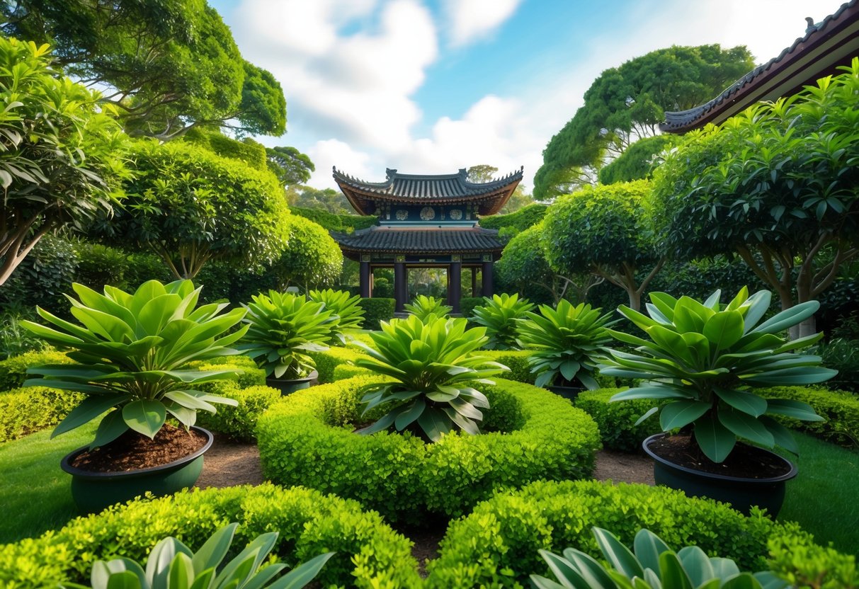 A lush garden with murraya paniculata plants arranged in a traditional cultural pattern