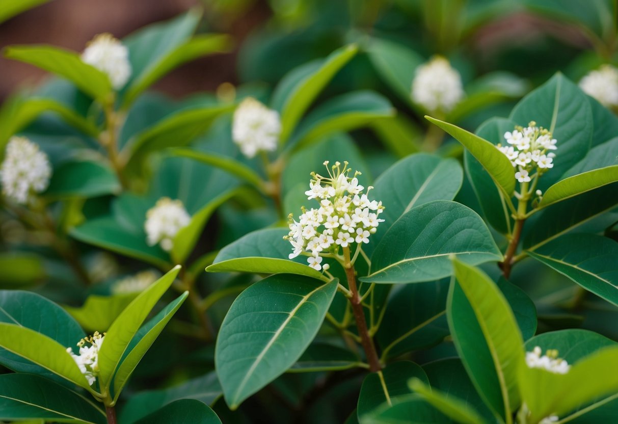 Lush green leaves of murraya paniculata surrounded by small white flowers