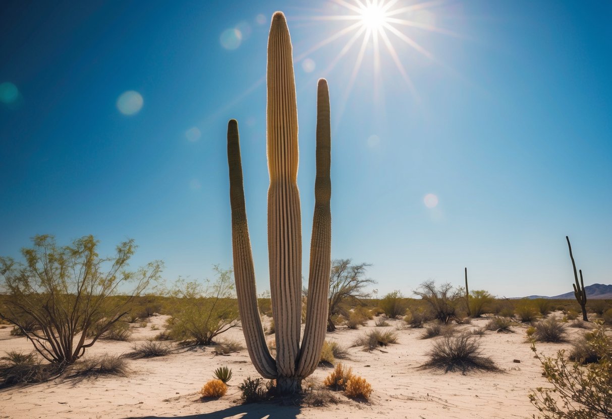 A yucca plant stands tall in the desert, surrounded by dry, sandy terrain and sparse vegetation. The sun beats down, casting harsh shadows