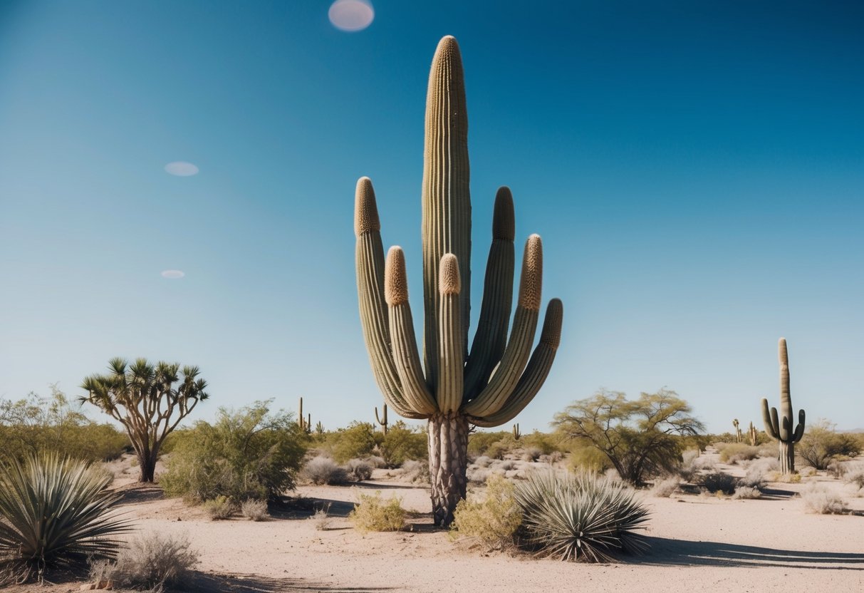 A desert landscape with a yucca plant towering over the arid ground, surrounded by other native desert flora and a clear blue sky above