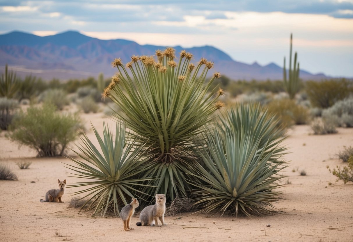 A desert scene with yucca plants providing shelter and food for various animals