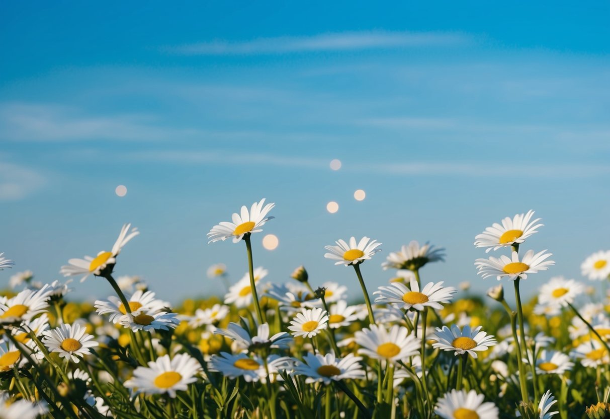 A field of daisies swaying in the breeze under a clear blue sky