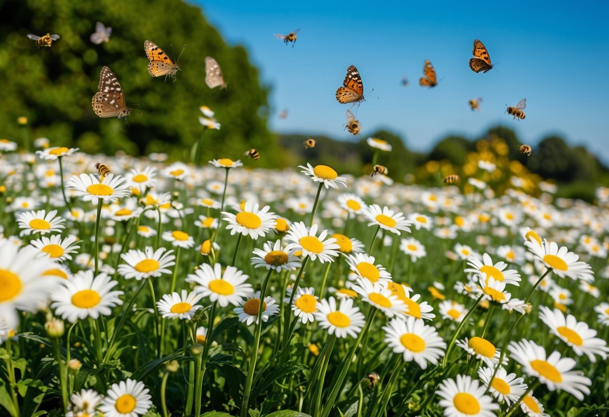 A field of daisies, buzzing with bees and fluttering with butterflies, set against a backdrop of lush greenery and a clear blue sky