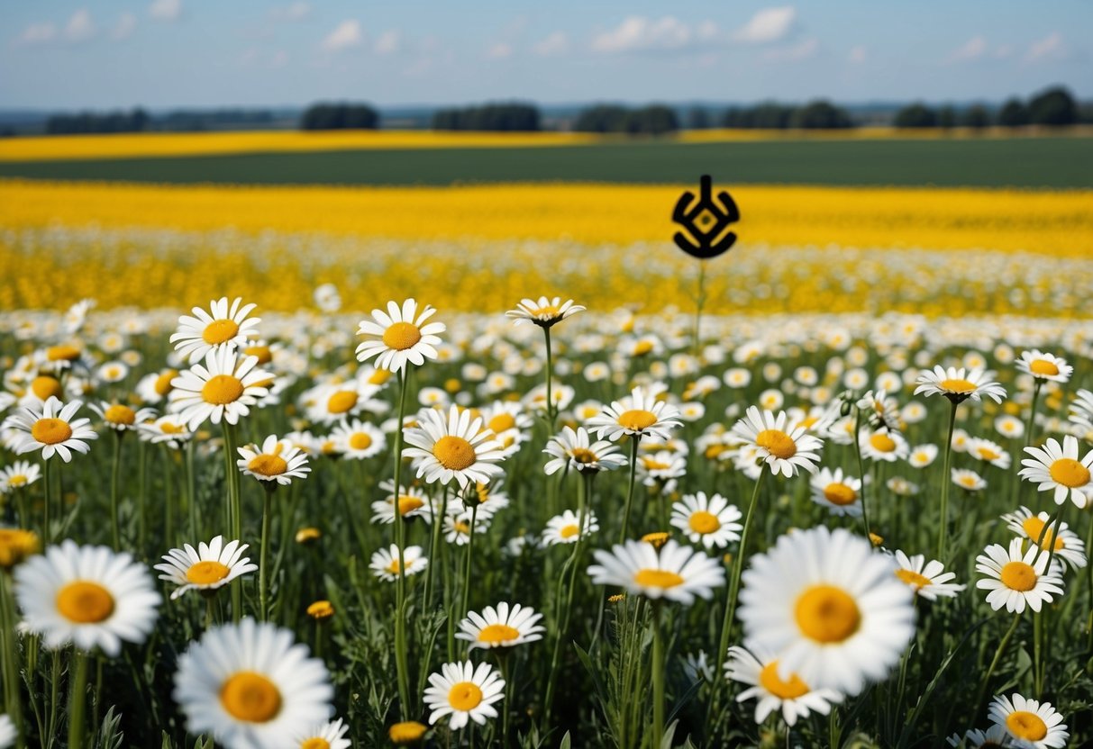 A field of daisies stretching to the horizon, with a traditional cultural symbol woven into the landscape