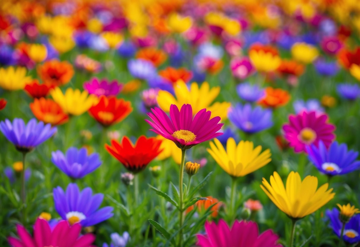 A vibrant field of colorful flowers in full bloom, radiating energy and positivity