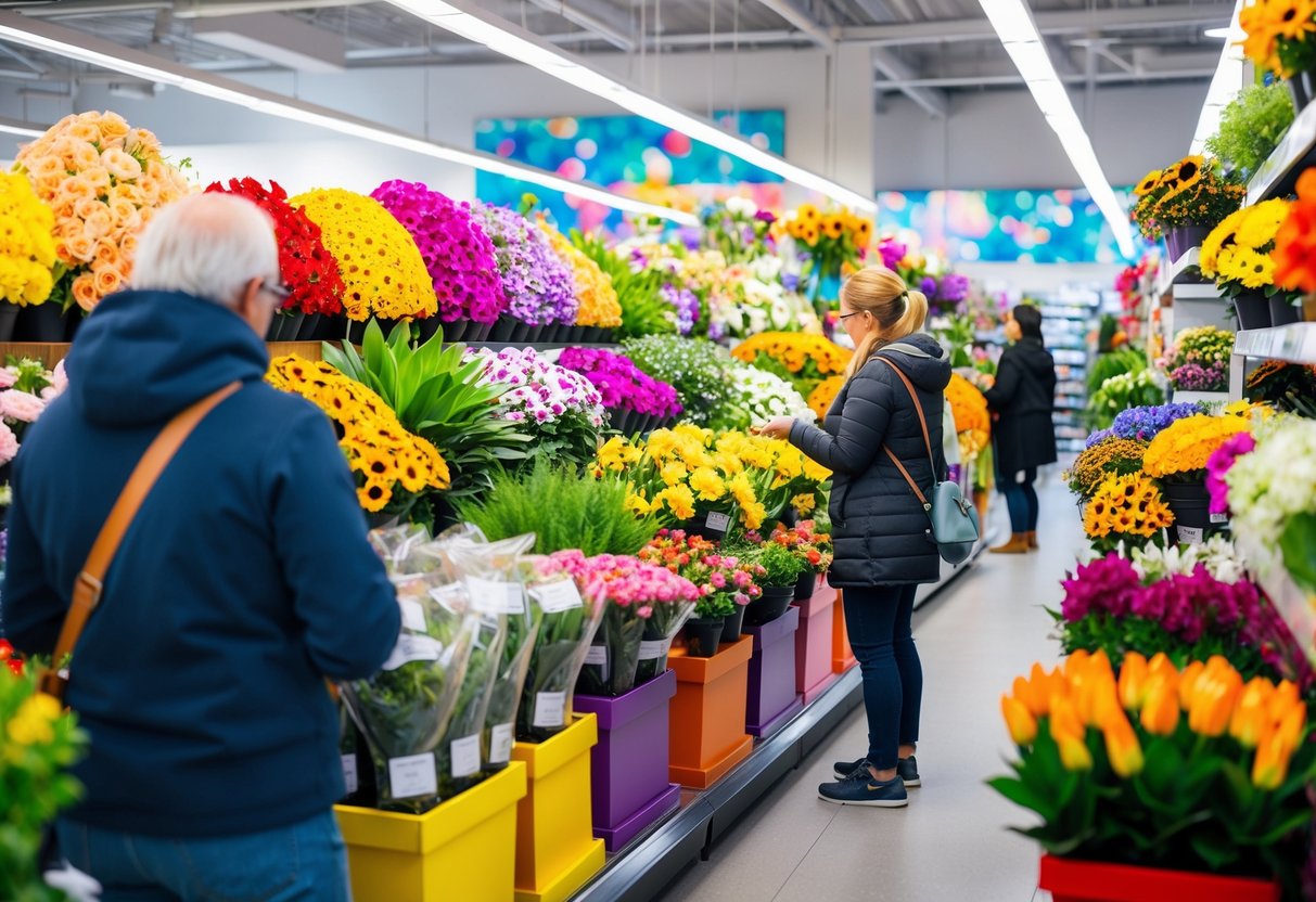 A colorful display of flowers and plants fills the store, with customers browsing and admiring the vibrant selection