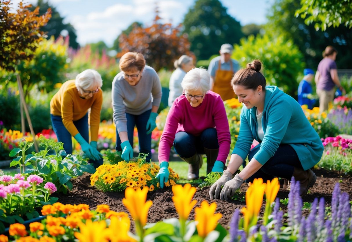 A vibrant garden with colorful flowers and people working together to plant and care for them in the community of Enfield