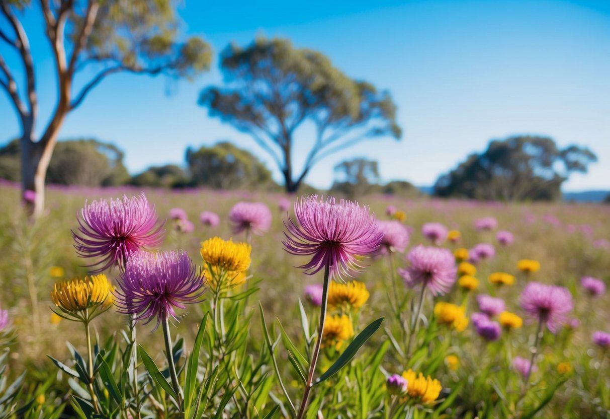 Vibrant Australian flowers bloom in a wild meadow, surrounded by eucalyptus trees and a clear blue sky