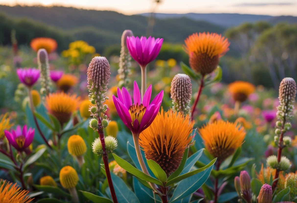 A colorful array of native Australian flowers, including kangaroo paw, waratah, and flannel flower, blooming in a vibrant bush landscape