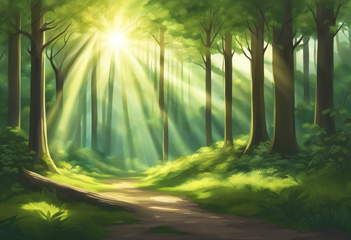 A digital illustration of beams of light in a lush, green forest on a path