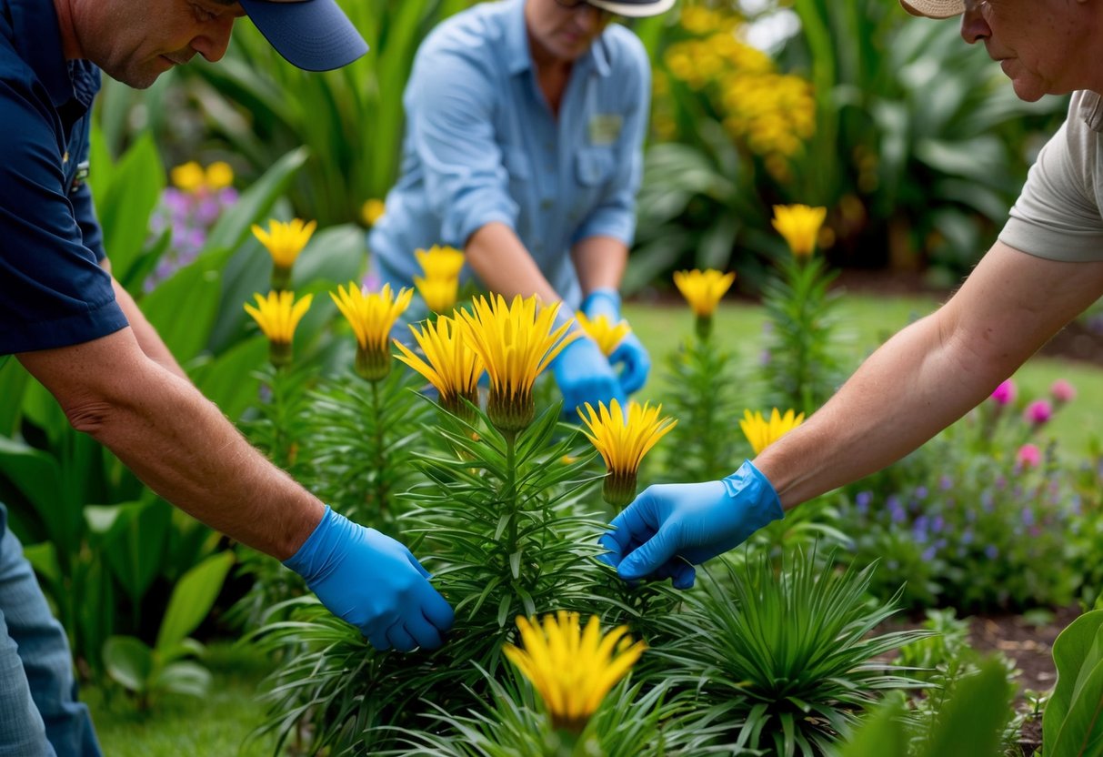 A group of native Australian flowers being carefully tended to by conservationists in a lush, vibrant garden