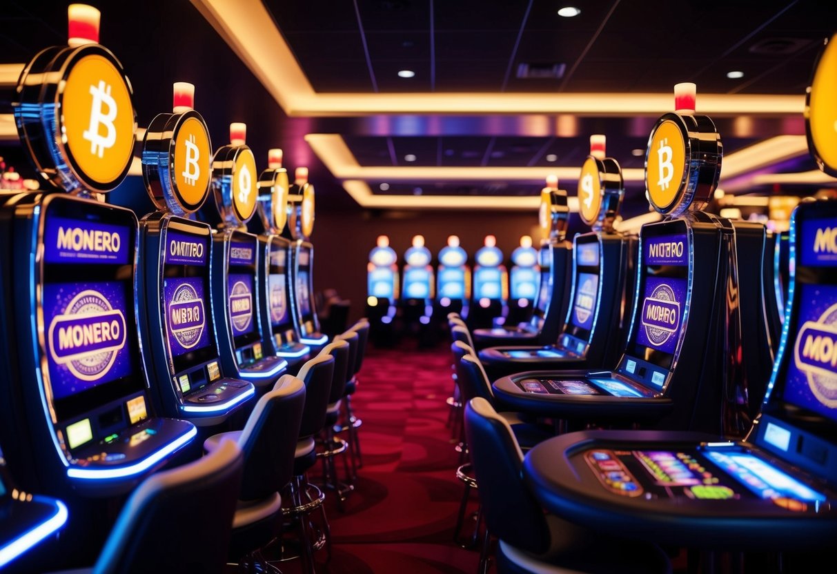 A futuristic casino with Monero logos glowing on slot machines and gaming tables